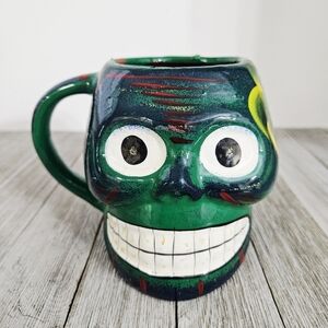 Vintage Sugar Skull Coffee Mug Green Handpainted Cup with Handle Marked Riviera